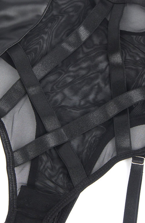 YesX YX890 Black Faux Leather Look & Mesh Bodysuit