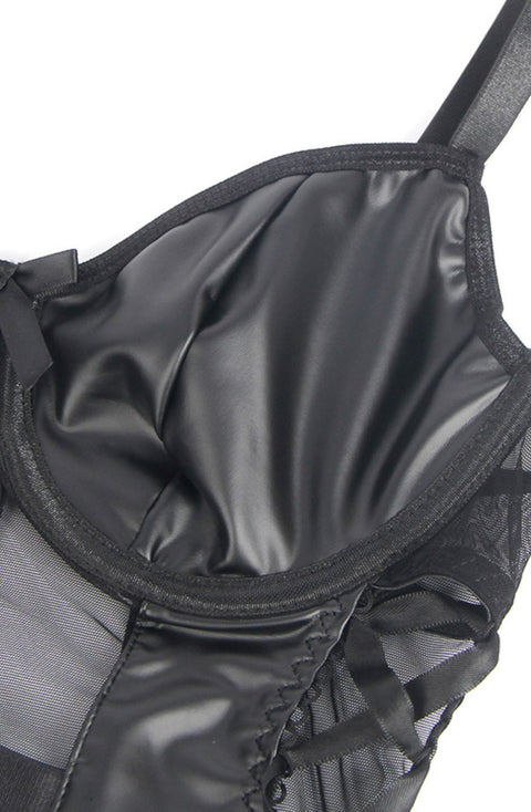 YesX YX890 Black Faux Leather Look & Mesh Bodysuit